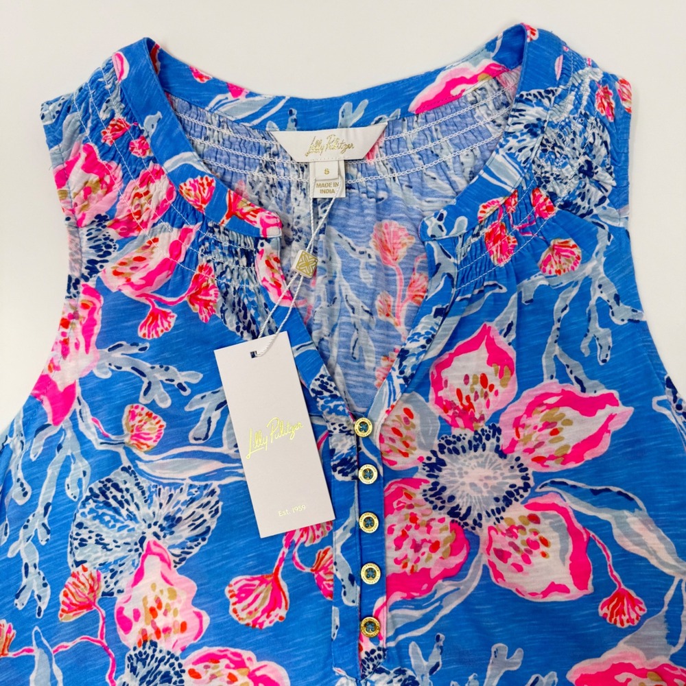 Lilly Pulitzer Essie Top Bahamian Rhapsody Blue Pink Floral Tank Small NEW